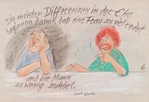 Die meisten Differenzen in der Ehe beginnen damit, daß eine Frau zu viel redet und ein Mann zu wenig zuhört. - Curt Goetz